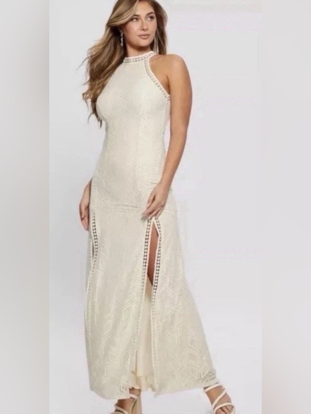 Guess Geolace Sunset Maxi Dress Sz 8 Ivory Lace Open Back Beach Wedding BohoGlam